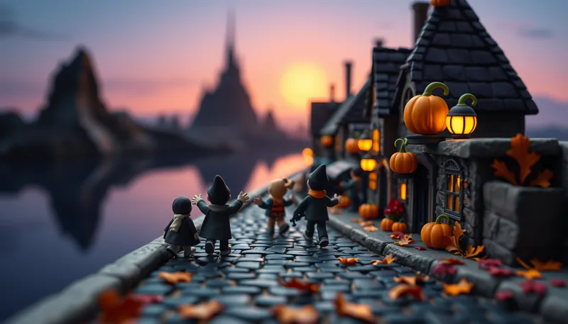 Halifax Halloween - spooky scene with haunted house, jack-o-lanterns, ghosts, witches, and trick-or-treaters