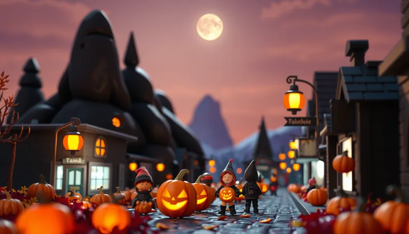 Kansas City Halloween - spooky scene with haunted house, jack-o-lanterns, ghosts, witches, and trick-or-treaters