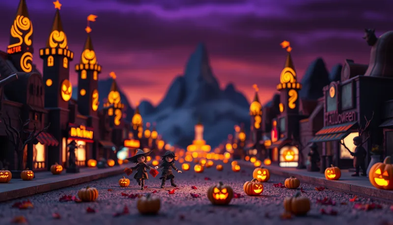 Las Vegas Halloween - spooky scene with haunted house, jack-o-lanterns, ghosts, witches, and trick-or-treaters