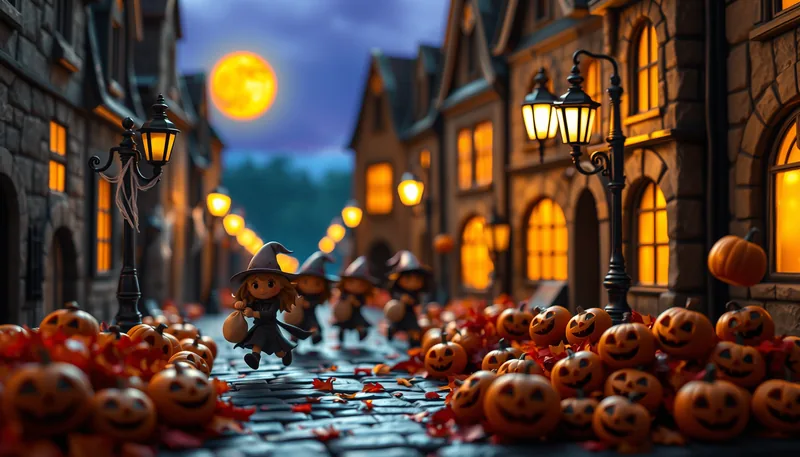 Leeds Halloween - spooky scene with haunted house, jack-o-lanterns, ghosts, witches, and trick-or-treaters