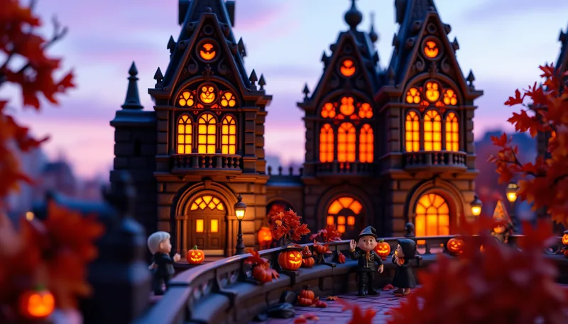 Liverpool Halloween - spooky scene with haunted house, jack-o-lanterns, ghosts, witches, and trick-or-treaters
