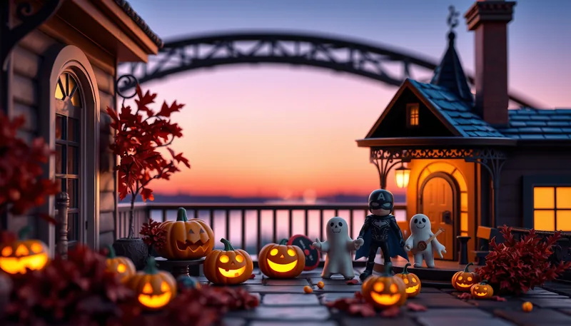 Memphis Halloween - spooky scene with haunted house, jack-o-lanterns, ghosts, witches, and trick-or-treaters
