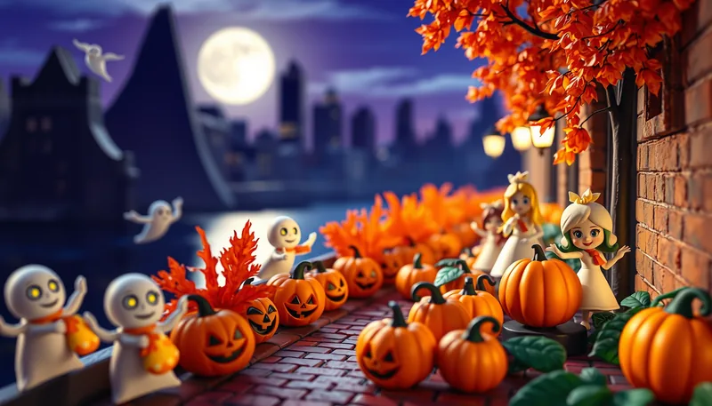 Milwaukee Halloween - spooky scene with haunted house, jack-o-lanterns, ghosts, witches, and trick-or-treaters