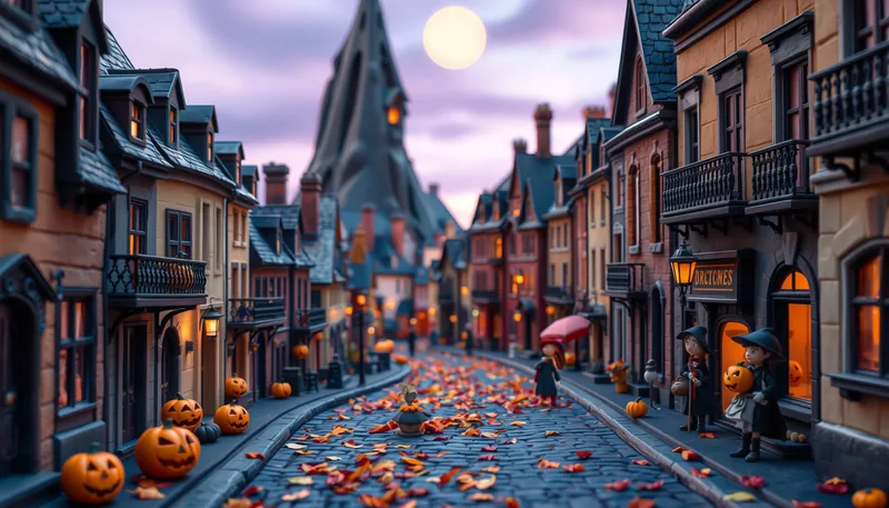 Montreal Halloween - spooky scene with haunted house, jack-o-lanterns, ghosts, witches, and trick-or-treaters