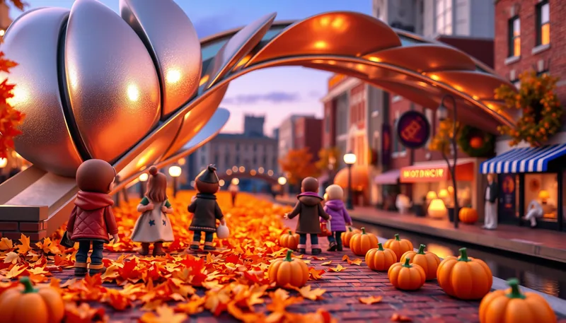 Oklahoma City Halloween - spooky scene with haunted house, jack-o-lanterns, ghosts, witches, and trick-or-treaters