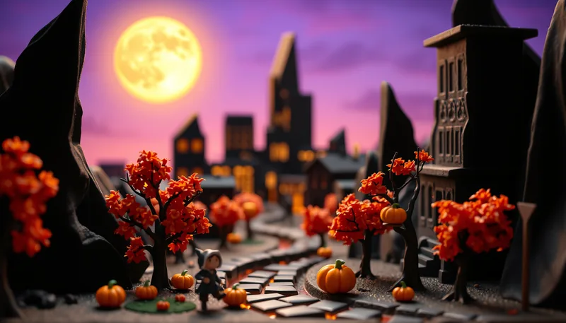 Omaha Halloween - spooky scene with haunted house, jack-o-lanterns, ghosts, witches, and trick-or-treaters