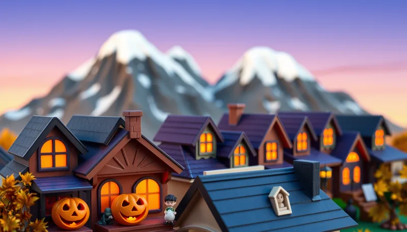 Portland Halloween - spooky scene with haunted house, jack-o-lanterns, ghosts, witches, and trick-or-treaters