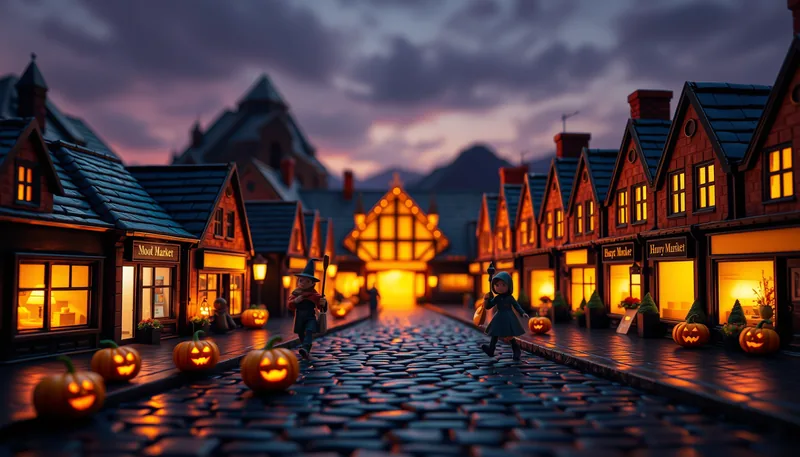 Sheffield Halloween - spooky scene with haunted house, jack-o-lanterns, ghosts, witches, and trick-or-treaters