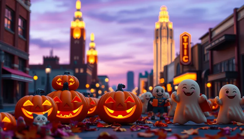 Tulsa Halloween - spooky scene with haunted house, jack-o-lanterns, ghosts, witches, and trick-or-treaters