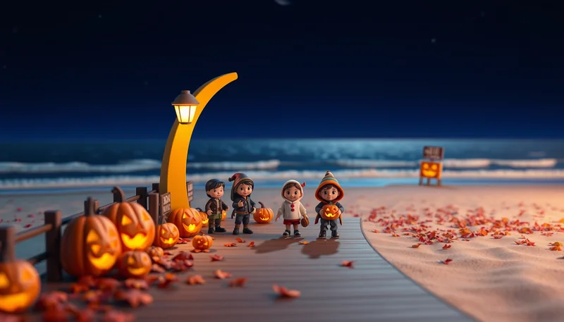 Virginia Beach Halloween - spooky scene with haunted house, jack-o-lanterns, ghosts, witches, and trick-or-treaters