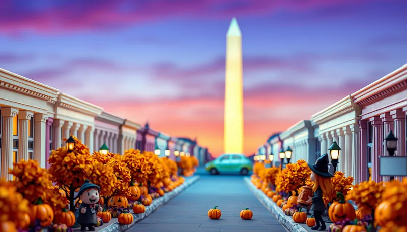 Washington Halloween - spooky scene with haunted house, jack-o-lanterns, ghosts, witches, and trick-or-treaters