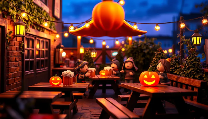 Illustration of a bar crawl scene (DTPHX Hallows' Eve)