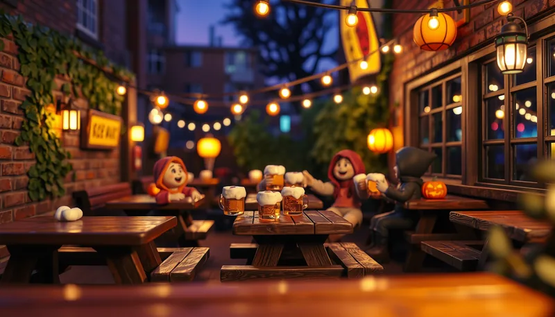 Illustration of a bar crawl scene (Do The Halloween Pub Crawl in Macon)
