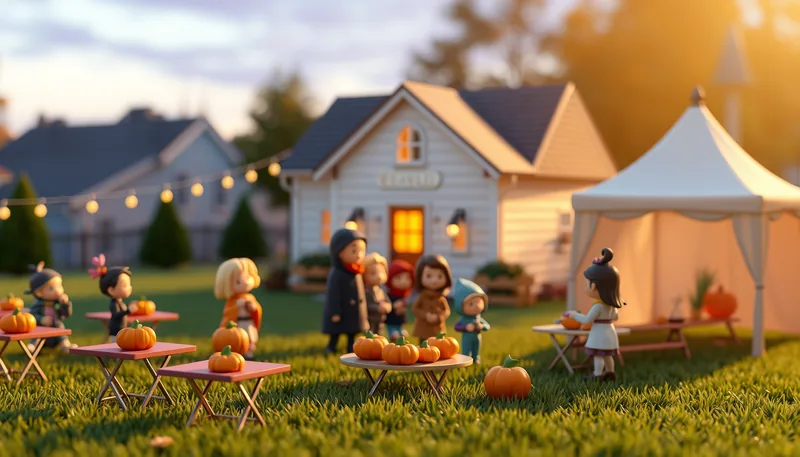 Spruce Grove Halloween - spooky scene with haunted house, jack-o-lanterns, ghosts, witches, and trick-or-treaters