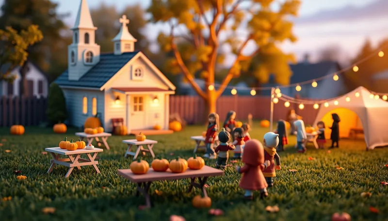 Westlake Halloween - spooky scene with haunted house, jack-o-lanterns, ghosts, witches, and trick-or-treaters