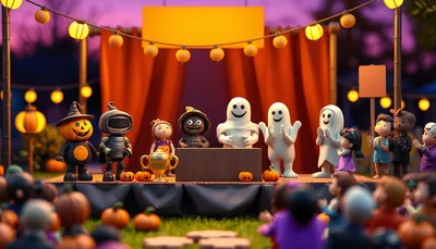 Illustration of a costume contest scene (Mahjong Lesson and Open Play (Halloween Event))