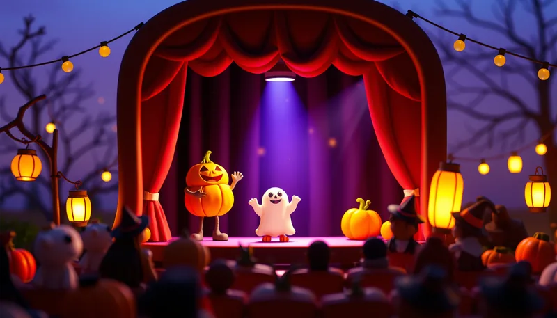 Clarencerockland Halloween - spooky scene with haunted house, jack-o-lanterns, ghosts, witches, and trick-or-treaters