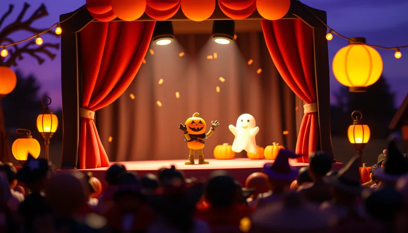 Riverside Halloween - spooky scene with haunted house, jack-o-lanterns, ghosts, witches, and trick-or-treaters