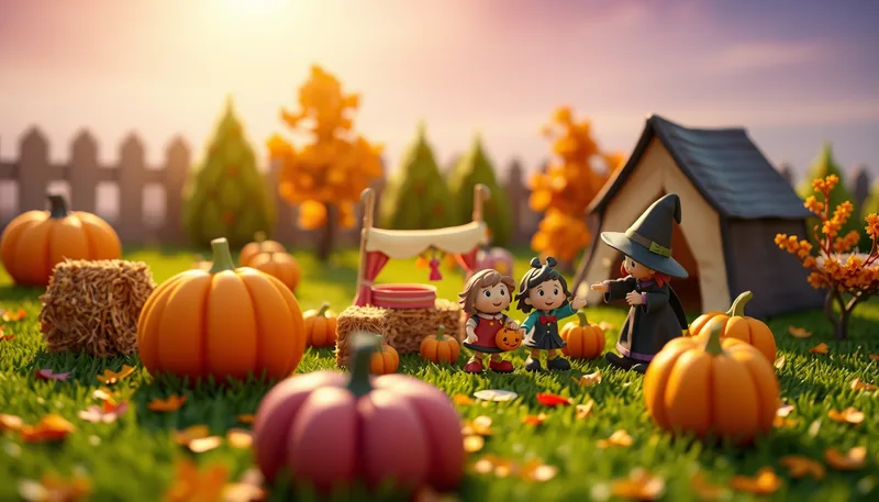 Staveley Halloween - spooky scene with haunted house, jack-o-lanterns, ghosts, witches, and trick-or-treaters