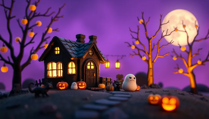 Gresham Halloween - spooky scene with haunted house, jack-o-lanterns, ghosts, witches, and trick-or-treaters