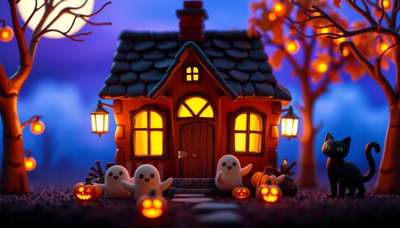 Bedworth Halloween - spooky scene with haunted house, jack-o-lanterns, ghosts, witches, and trick-or-treaters