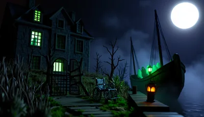Illustration of a generic haunted scary scene (Wallace-HOWL Art House: A Halloween Art Experience)