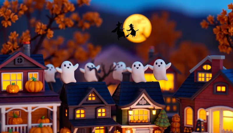 South Kingstown Halloween - spooky scene with haunted house, jack-o-lanterns, ghosts, witches, and trick-or-treaters