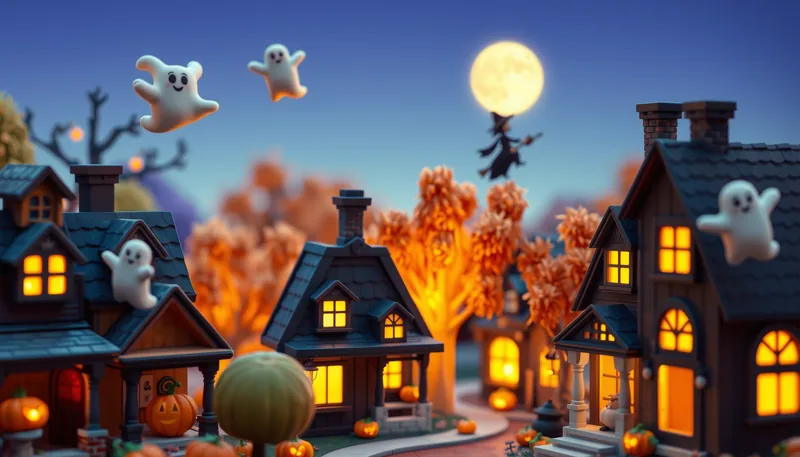 Fort Smith Halloween - spooky scene with haunted house, jack-o-lanterns, ghosts, witches, and trick-or-treaters