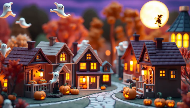 Newington Halloween - spooky scene with haunted house, jack-o-lanterns, ghosts, witches, and trick-or-treaters