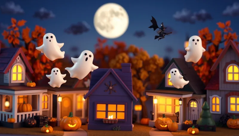 Sawtelle Halloween - spooky scene with haunted house, jack-o-lanterns, ghosts, witches, and trick-or-treaters