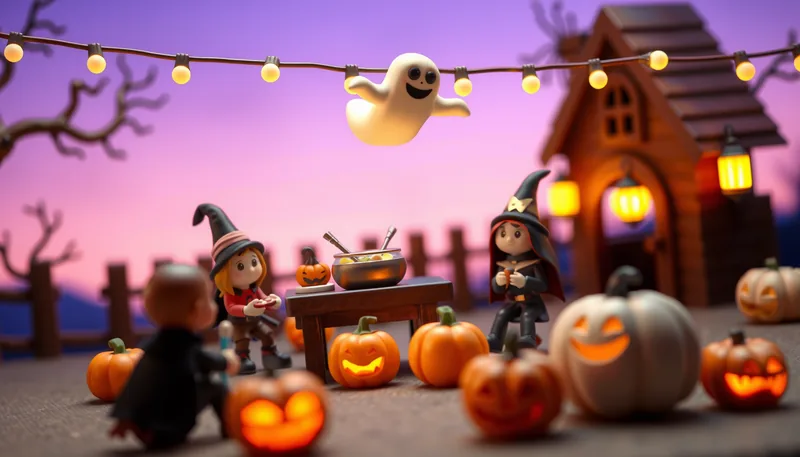 Oak Ridge Halloween - spooky scene with haunted house, jack-o-lanterns, ghosts, witches, and trick-or-treaters