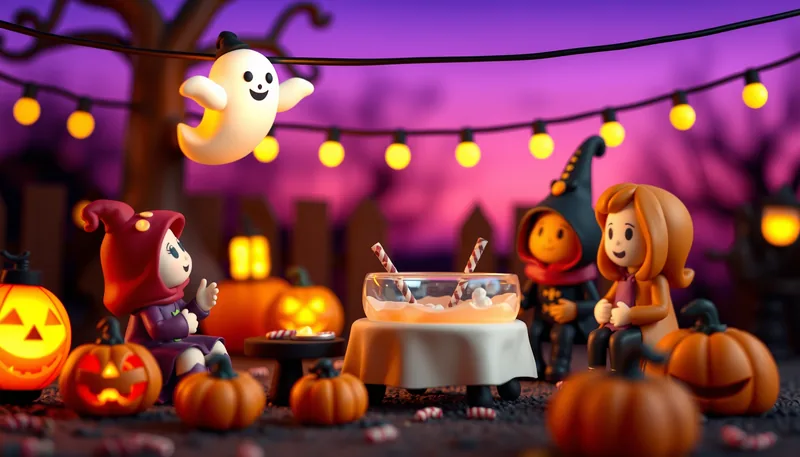 Douglas Halloween - spooky scene with haunted house, jack-o-lanterns, ghosts, witches, and trick-or-treaters