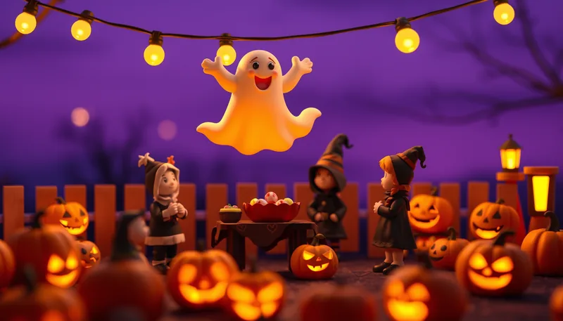 Bristol Halloween - spooky scene with haunted house, jack-o-lanterns, ghosts, witches, and trick-or-treaters