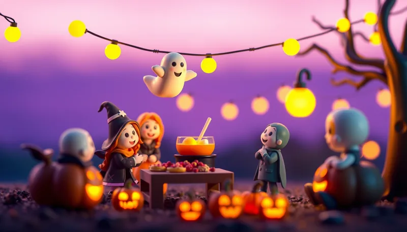 Towson Halloween - spooky scene with haunted house, jack-o-lanterns, ghosts, witches, and trick-or-treaters