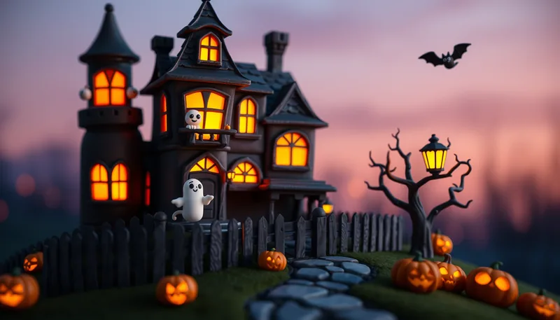 South Miami Heights Halloween - spooky scene with haunted house, jack-o-lanterns, ghosts, witches, and trick-or-treaters
