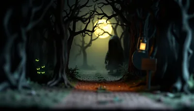 Illustration of a haunted trail scary scene (Nightmare on Bauer Hockley Haunted Woods)