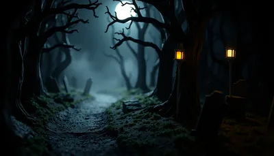 Illustration of a haunted trail scary scene (Dead by Dawn - The Curse of Dead Hill Ranch)