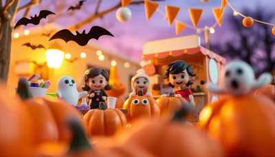 Illustration of a kids crafts scene (Spooky Halloween Dollhouse Workshop)