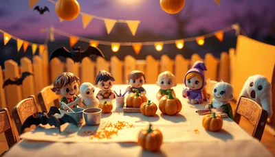 Illustration of a kids crafts scene (Autumn Glow Canvas: A Sparkling Fall Craft Workshop)