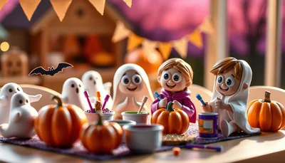 Illustration of a kids crafts scene (Spooky Paint & Sip at 505 Rooftop Bar)