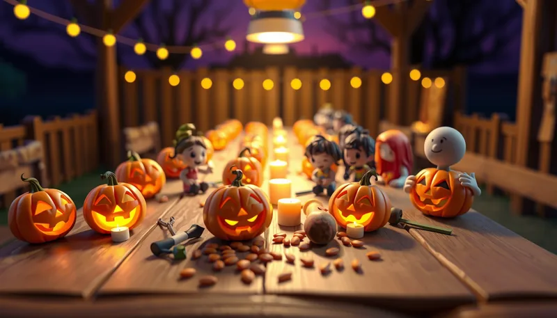 Illustration of a pumpkin carving scene (Ghosts & Goblins Weekend at Camp Karankawa)