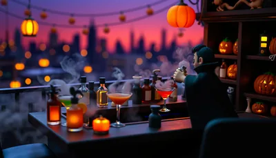 Illustration of a spooky cocktails scene (San Antonio Halloween Bar Crawl)