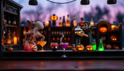 Illustration of a spooky cocktails scene (Miami Zombie Crawl Halloween Bar Crawl)