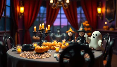 Illustration of a themed dinner scene (Halloween Murder Mystery Dinner)